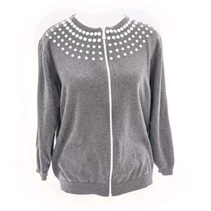 Cathy Daniels Cotton Embellished Studs Heart Zip Cardigan Sweater Size Large